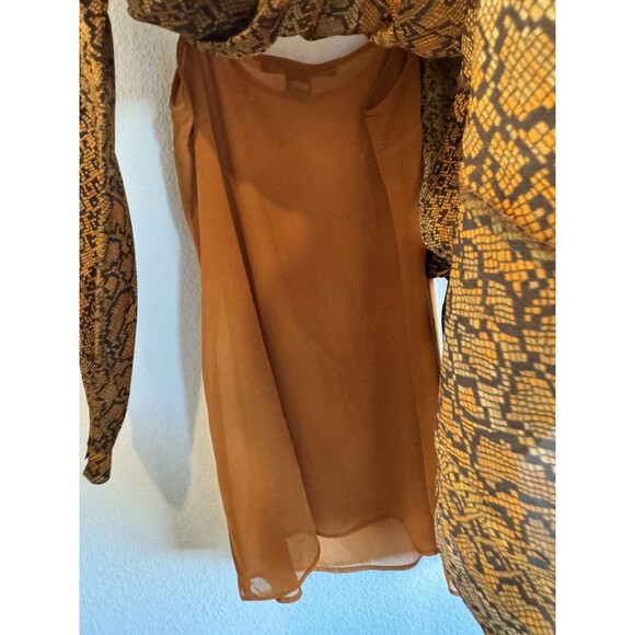 French Connection Women's Orange Brown Snakeskin Wrap Blouse Long Sleeve Chiffon - Picture 13 of 16